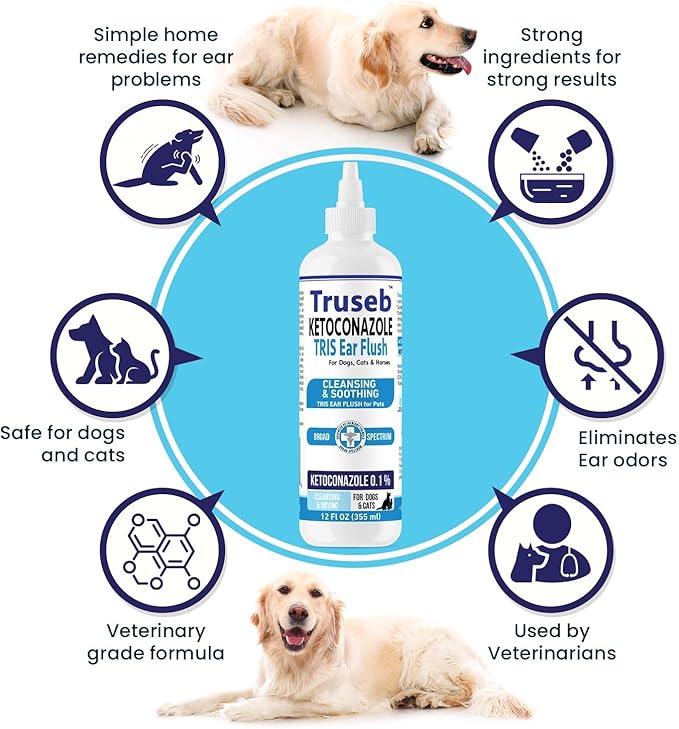 Truseb | Dog Ear Flush Ketoconazole Dog Ear Wash, Cats and Horses, Ketoconazole Tris Ear Flush for Dogs (12 oz) Made in U.S.A (Ketoconazole Ear Flush, 12 oz)