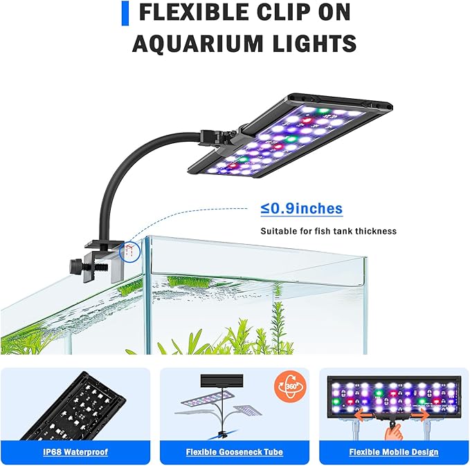 AQQA LED Aquarium Light, 24/7 Mode Clip on Fish Tank Light with Memory Function, DIY Mode Full Spectrum Aquarium Plant Light, Adjustable Timer/Brightness, IP68 Waterproof for 24-32 in Fish Tank 26W