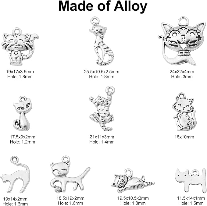 Stiesy 100 Pcs 10 Styles Tibetan Style Cat Charms Antique Silver Cute Kitten Pet Charms Pendants for DIY Bracelet Necklace Jewelry Making