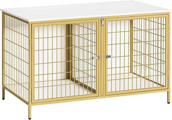 Dog Crate Furniture for 2 Dogs, 43.3" Dog Kennel with Removable Divider, Heavy Duty Wooden Dog Kennel for Small Medium Dog, Indoor Dog Cage End Table with Double Doors, White DCJW1201