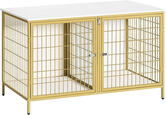 Dog Crate Furniture for 2 Dogs, 43.3" Dog Kennel with Removable Divider, Heavy Duty Wooden Dog Kennel for Small Medium Dog, Indoor Dog Cage End Table with Double Doors, White DCJW1201