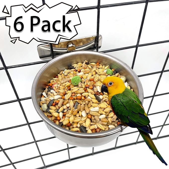 Tfwadmx 6 Pcs Bird Feeding Dish Cups Parrot Food Bowl Clamp Holder Coop Cup, Bird Cage Water Bowl for Parakeet African Greys Conure Cockatiels Lovebird Budgie Chinchilla