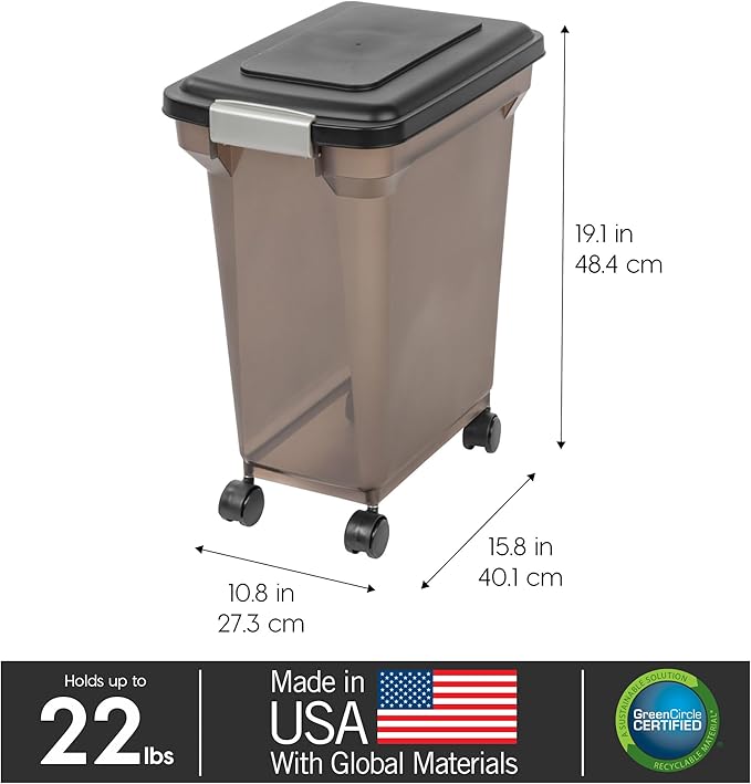 IRIS USA WeatherPro Airtight Dog Food Storage Container, Up to 22 lbs, Attachable Wheels, For Dog Cat Bird and Other Pet Food Storage Bin, Keep Fresh, Easy Mobility, BPA Free, Smoke