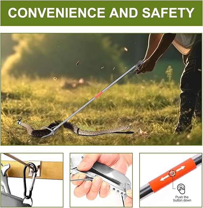 60" Reptile Tongs Snake Grabber Tool Professional All-Aluminum Alloy Snake Tong Grabber Rattle Snake Catcher Wide Jaw Handling Tool with Lock