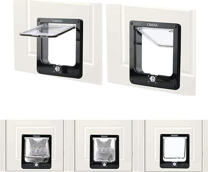 CEESC Cat Doors, Magnetic Pet Door with Rotary 4 Way Lock for Cats, Kitties and Kittens (Medium, Black)