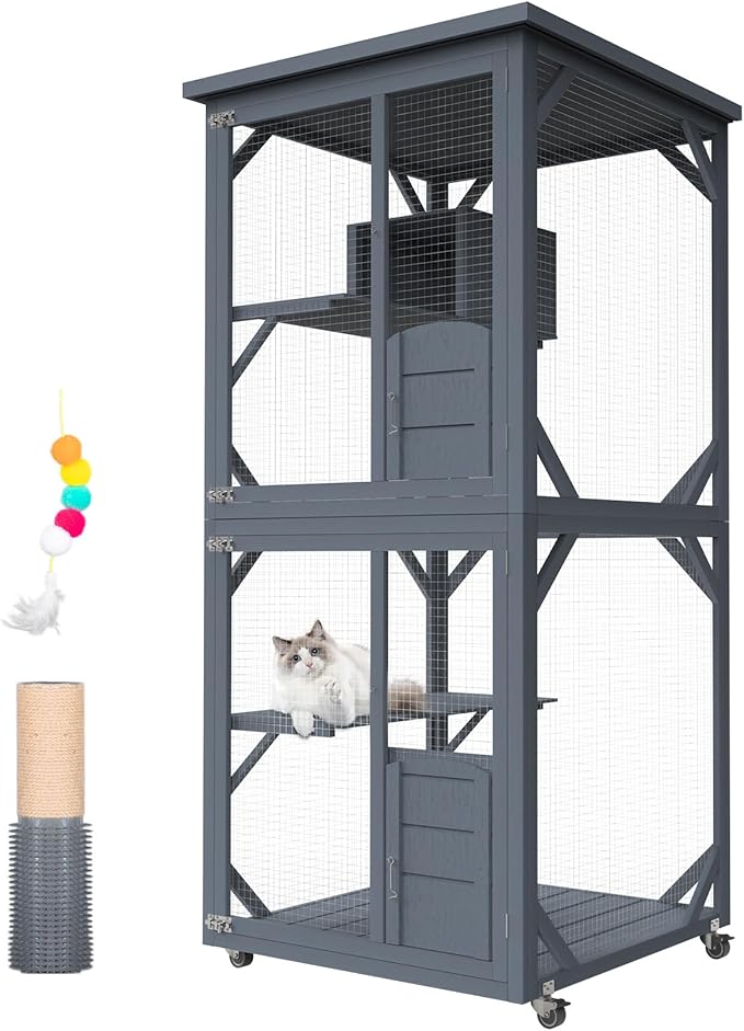 Catio Outdoor Cat House, Wooden Large Enclosure with Run on Wheels, 64" Outdoor/Indoor Cat Catio for Multiple Cats with Waterproof Roof, Platforms, Resting Box, Cat Scratching Post