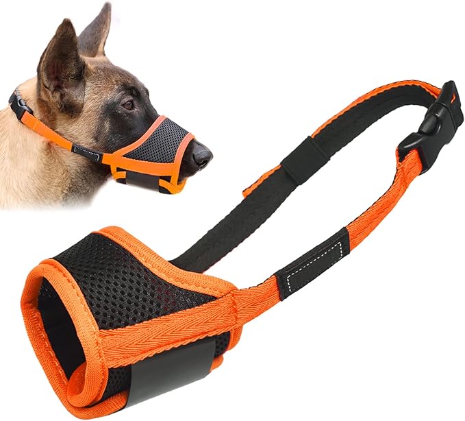 Dog Muzzle Anti Biting Barking and Chewing with Comfortable Mesh Soft Fabric and Adjustable Strap, Suitable for Small, Medium and Large Dogs(Orange Trim,XL)