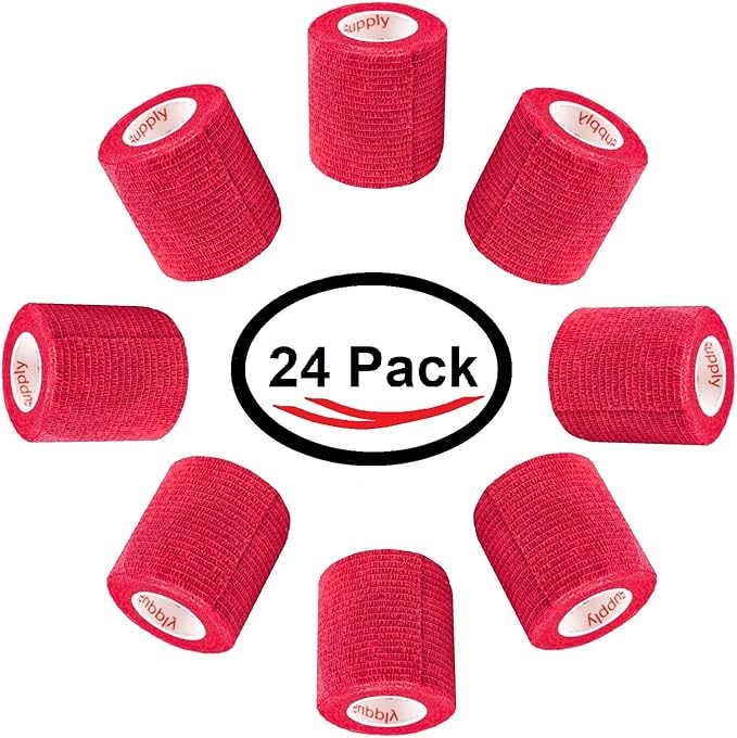 2 Inch Vet Wrap Tape Bulk (Red) (Pack of 24) Self Adhesive Adherent Adhering Flex Bandage Grip Roll for Dog Cat Pet Horse