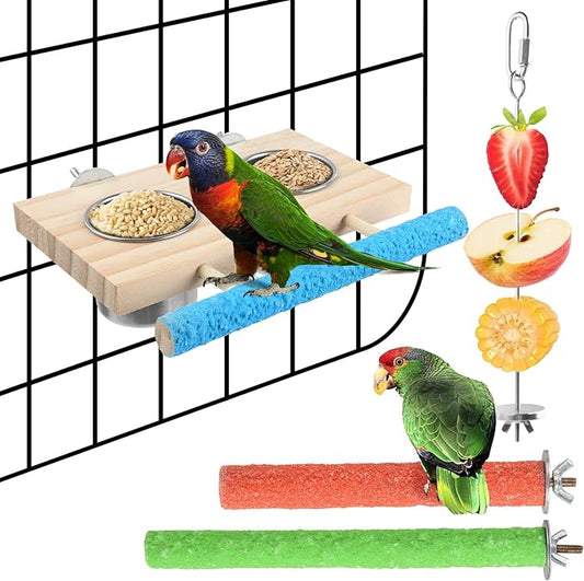 Bird Feeding Dish Cups, Wooden Perch Stand Platform Paw Grinding Toy Feeder, with Clamp Holder Stainless Bird Feeder Birds Food Water Bowls Cage Food Holder Parrot Fruit Vegetable Skewer