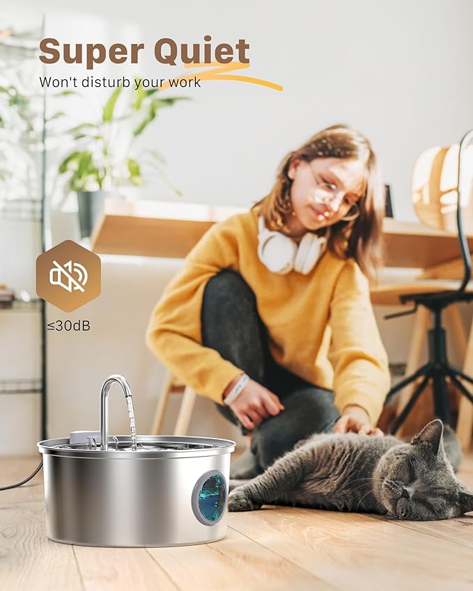 Cat Water Fountain Stainless Steel - Dog Automatic Waterer Bowl - Auto Pet Dispenser - Small Pets Drinking Waterer Indoor - Auto Dish Animal Fountains - 108oz/3.2L Metal Self Kitty Watering Supplies