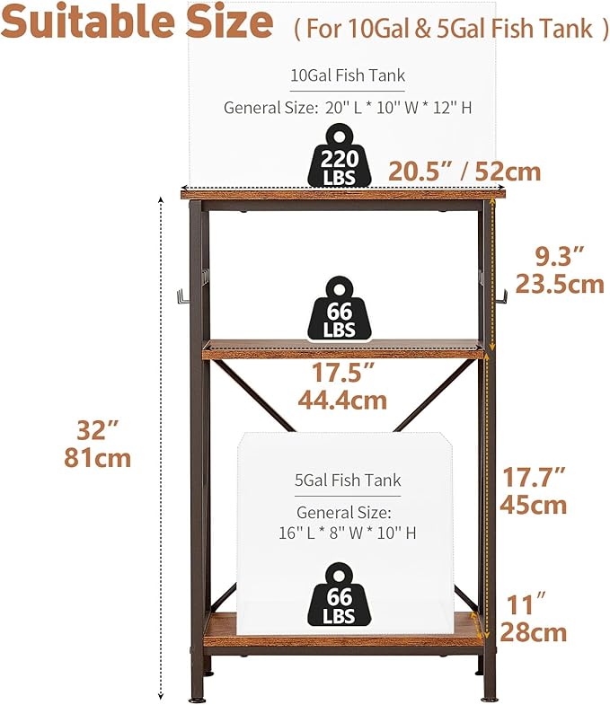 10 Gallon Fish Tank Stand with Shelf, Double Aquarium Stand for 10&5 Gal Fish Tank, 3-Tier Heavy Metal Stand with Stable Structure, Adjustable Table Feet&Anti-tilt Device - Rustic Brown