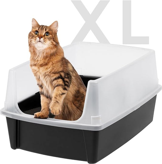 IRIS USA Extra Large Cat Litter Box with Scatter Shield, Open Top High Sided Cat Litter Pan, Black