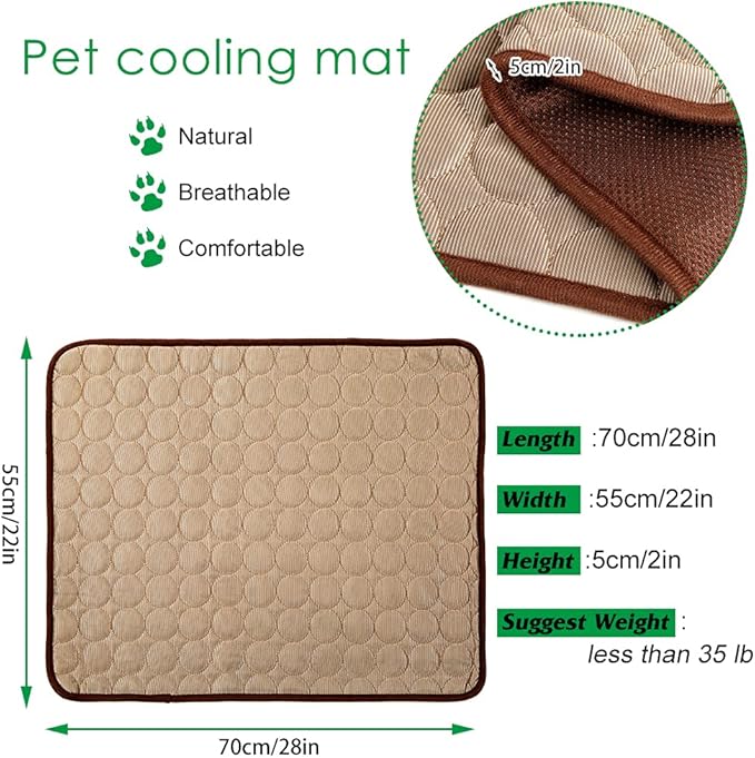 VeMee Cooling Mat Pad for Dogs Cats Ice Silk Mat Cooling Blanket Cushion for Kennel/Sofa/Bed/Floor/Car Seats Cooling (L: 28 x 22 inches, Coffee)