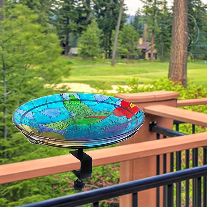 Deck Mounted Bird Bath for Outside, Bird Baths Deck Mounted Deck Bird Bath for Deck Railing, Glass Hummingbird Bird Bath Bowl Bird Feeders for Railing with Heavy Duty Adjustable Base-Hummingbird Blue