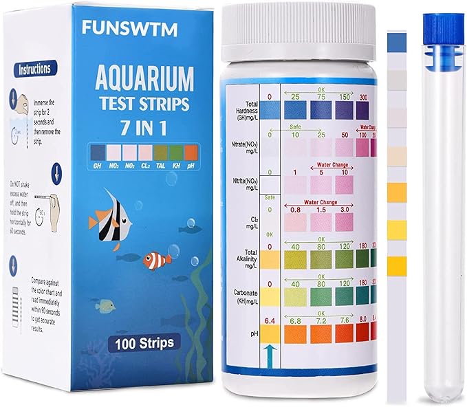 Aquarium Test Strips for Freshwater Fish: 7 in 1 Fish Tank Water Testing Kit for Aquarium Pond - Accurate Testing Nitrate Nitrite Hardness Free Chlorine pH Carbonate Total Alkalinity-100 Strips