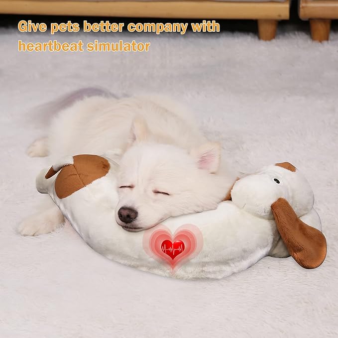 Puppy Heartbeat Toy, Dog Heartbeat Toy for Separation Anxiety Relief, Puppy Toy with Heartbeat Stuffed Animal Anxiety Calming Behavioral Aid Plush Toy for Dogs Cats Pets (White+)