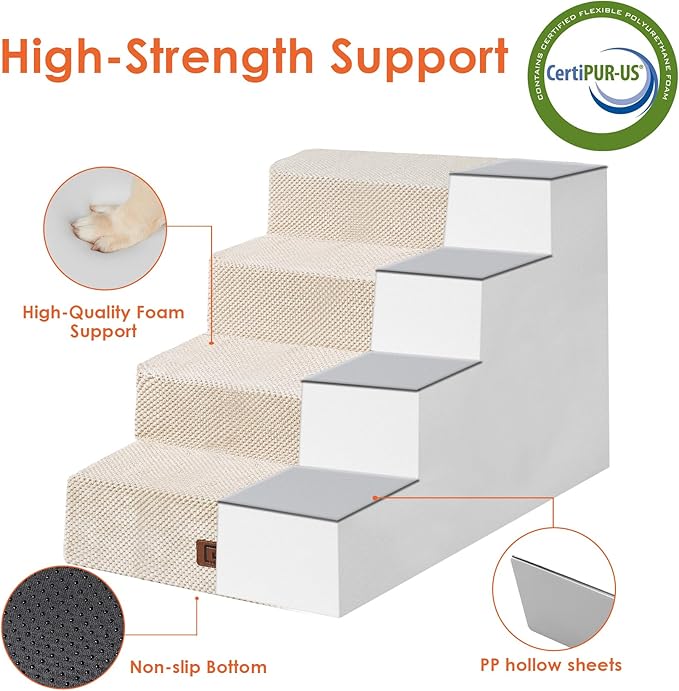 EHEYCIGA Dog Stairs for Bed 20”H, 4-Step Extra Wide Dog Steps for High Bed, Pet Steps for Small Dogs and Cats, Non-Slip Balanced Dog Indoor Ramp, Beige