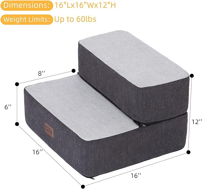 Dog Stairs for Small Dogs, Stitching Foam Pet Steps Extra Wide for High Beds Sofas and Chairs, DIY Pet Stairs Anti-skid Folding Dog Steps for Large Dog and Cats,2 Step, Grey