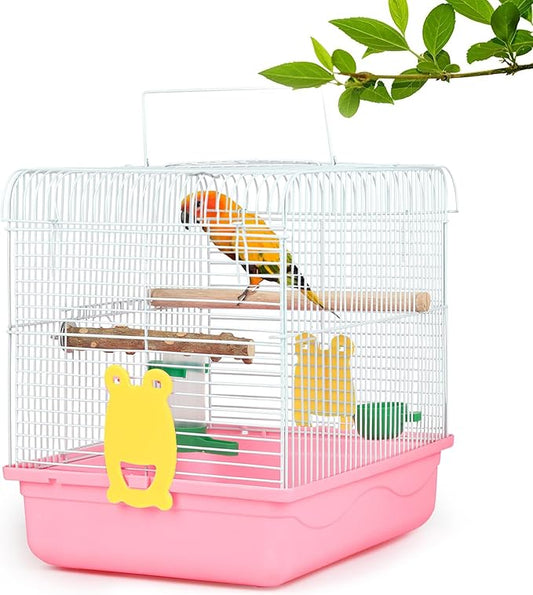 Travel Bird Cages for Cockatiels - Parrot Cage Starter Kit with Stand Accessories Birdcage Great for Parakeets Lovebirds Parrotlets Finches Canaries and More Small Birds(Pink)