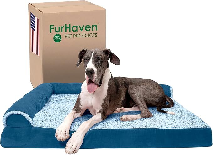 Furhaven Orthopedic Dog Bed for Large Dogs w/ Removable Bolsters & Washable Cover, For Dogs Up to 125 lbs - Two-Tone Plush Faux Fur & Suede L Shaped Chaise - Marine Blue, Jumbo Plus/XXL