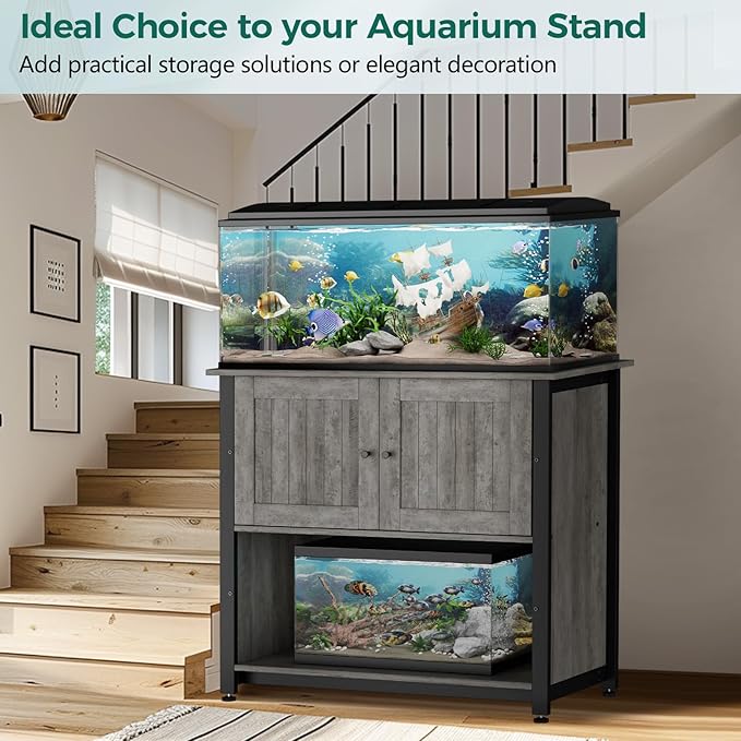 40-50 Gallon Fish Tank Stand with Cabinet, Metal Aquarium Stand for Accessories Storage, Reptile Tank Turtle Terrariums Table Bearable 1000LBS, Accommodates 2 Aquariums