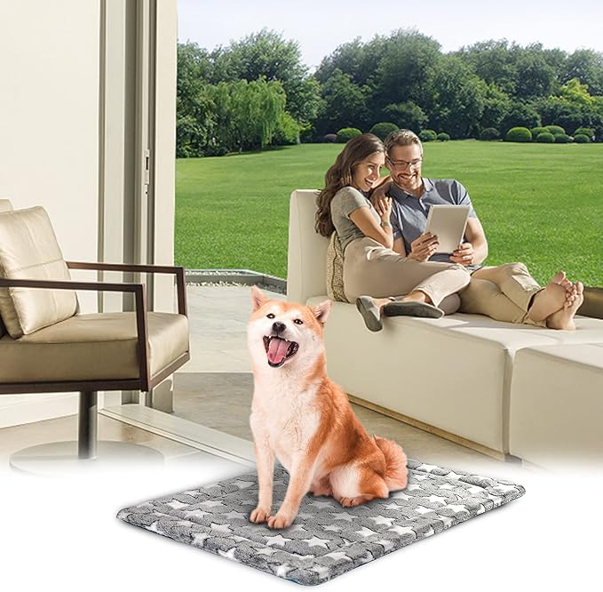 KROSER Fancy Dog Crate Pad Dog Bed Mat Reversible (Cool & Warm), Dog Bed Pad with Machine Washable, Dog Crate mat for Small to XXX-Large Dogs, Grey, Navy, Star Pattern