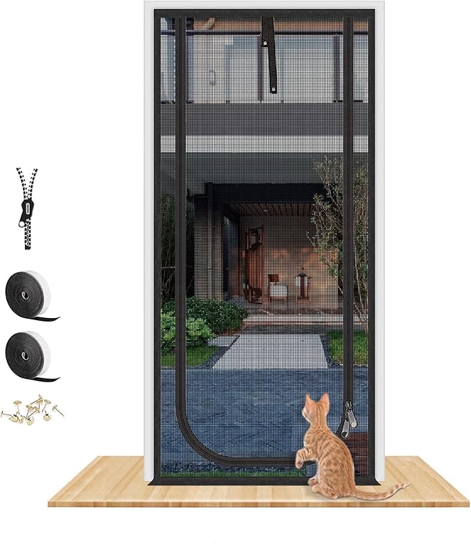 Reinforced Cat Screen Door,Fits Door Size 36''x 81'',Thickened Cat Resistant Mesh Screen Door for Living Room,Kitchen,Bedroom,Cat Proof Screen with Zipper Closure(U-type,Black)