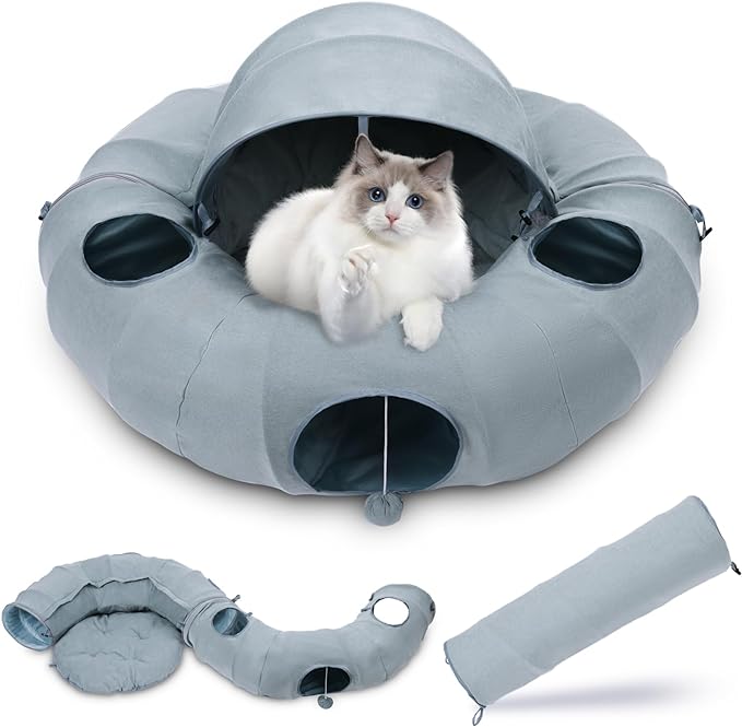 OUHOU Cat Tunnel Bed, Indoor Cat Tunnels with Hanging Balls, Peepholes, and Washable Mat, Green