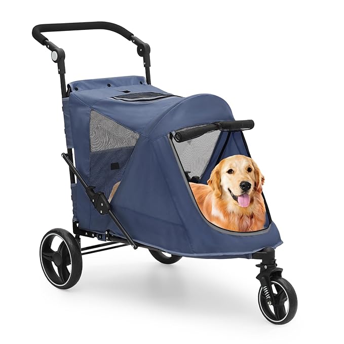 MoNiBloom Pet Stroller for Large Dogs or Multiple Dogs Cats with Adjustable Handle, 3-Wheels Dual Entry Portable Dog Carting Easy Folding Pet Wagon Double Dog Stroller up to 55 lbs, Navy Blue