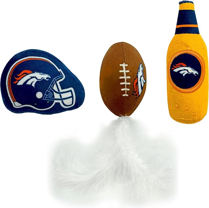 BEST PLUSH CAT TOY - NFL DENVER BRONCOS Complete Set of 3 piece Cat Toys filled with Fresh Catnip. Includes: 1 Helmet Cat Toy, 1 Football Cat Toy with Feathers & 1 Beer Bottle. Beautiful Team LOGOS