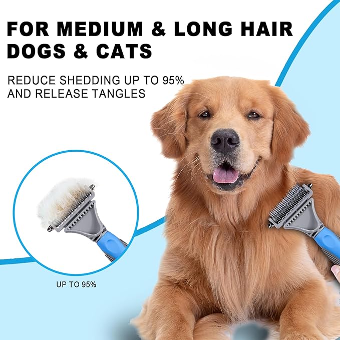 Pet Grooming Brush, Double Sided Undercoat Rake for Dogs & Cats, Professional Deshedding Brush and Dematting Tool, Safe and Effective Removing Knots, Mats, Tangles,and Flying Hair