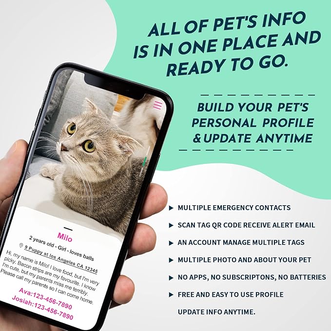 MYLUCKYTAG Stainless Steel QR Code Pet ID Tags Cat Tags - Pet Online Profile - Scan QR Receive Instant Pet Location Alert Email