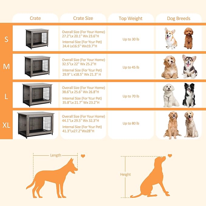 Shintenchi Wooden Dog Crate Furniture for Large Dog, L Double-Door Kennel Indoor with Removable Tray, End Table L Dog Crate for Decoration, 38" L*25" W*26" H, Grey