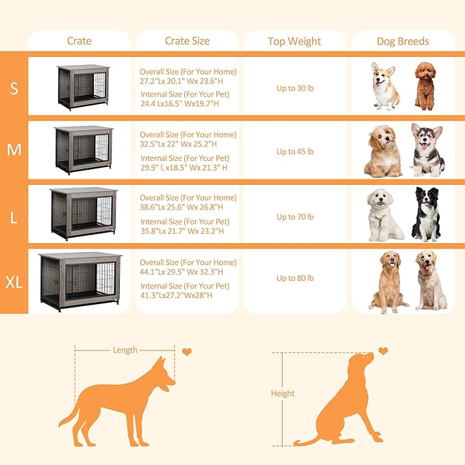 Shintenchi Wooden Dog Crate Furniture for Large Dog, XL Double-Door Kennel Indoor with Removable Tray, End Table XL Dog Crate for Decoration, 44" L*30" W*32" H, Grey