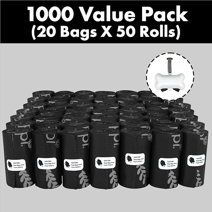 GORILLA SUPPLY Dog Poop Waste Bags with Dispenser and Leash Tie, 9" x 13", Black, 1000 Count