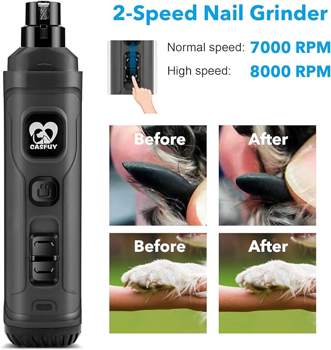 Casfuy Dog Nail Grinder with 2 LED Light - New Version 2-Speed Powerful Electric Pet Nail Trimmer Professional Quiet Painless Paws Grooming & Smoothing for Small Medium Large Dogs and Cats (Grey)