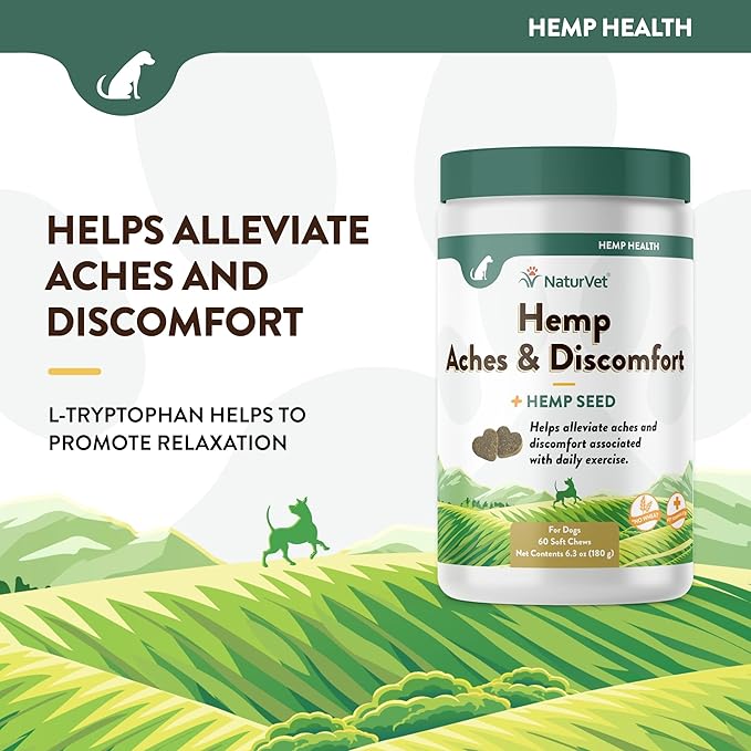 NaturVet Hemp Aches & Discomfort Plus Hemp Seed for Dogs, 60 ct Soft Chews, Made in The USA