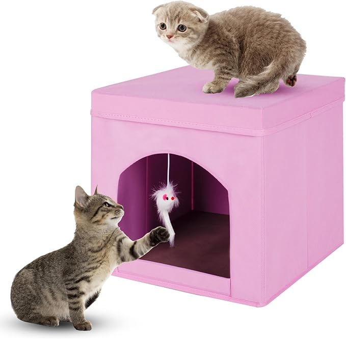 ShellKingdom Collapsible Cat House, Foldable Kitty Cat Cube and Cat Cave with Bed, Cat Stool Condo for Indoor Cats Gifts, 13 x 13 x 13 inches (Pink)