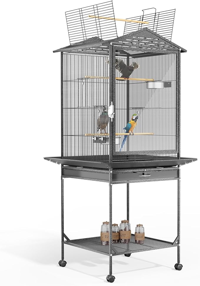 MoNiBloom 54 Inch Bird Cage w/Acrylic Door, Open Top Roof Birdcage for Finches Canaries Lovebirds Medium Small Parrots, Flight Birdcage w/Rolling Stand, Black