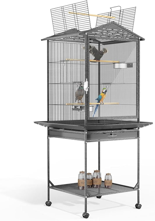 MoNiBloom 54 Inch Bird Cage w/Acrylic Door, Open Top Roof Birdcage for Finches Canaries Lovebirds Medium Small Parrots, Flight Birdcage w/Rolling Stand, Black