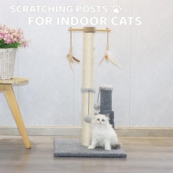 Cat Scratching Post,Sisal Scratch Posts Scratcher for Indoor Cats and Kittens,with self Grooming Bursh and Interactive Toys Vertical Cat Tree 30Inches Tall Grey