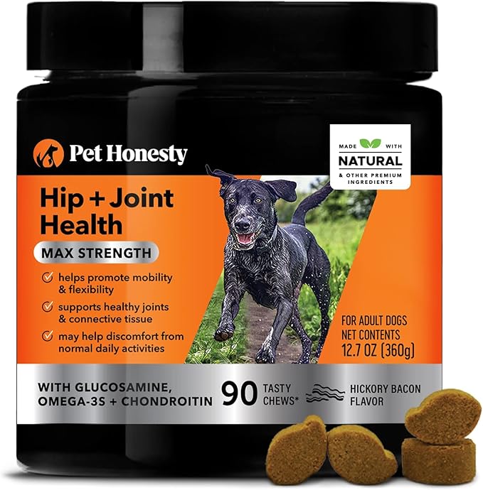 Pet Honesty Hip & Joint Health Max Strength - Natural Joint Supplement for Dogs Chews - Glucosamine, Omega-3s, Chondroitin, Green Lipped Mussel - Help Improve Mobility, May Reduce Discomfort (90 ct)