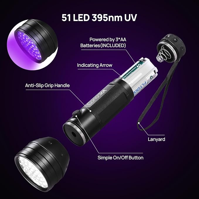 UV Flashlight Black Light, Consciot 51 LED 395nm Ultraviolet Blacklight, Portable Torch Light Pet Urine Detector for Dog/Cat Urine, Dry Stains, Bed Bug, Resin Curing, Matching with Pet Odor Eliminator