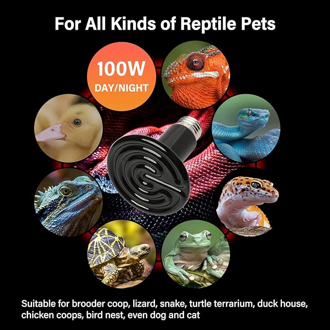 HealSmart Reptile Heat Lamp 100W 2-Pack Ceramic Heat Emitter, No Light Emitting Heat Bulbs for Amphibian Pet Brooder Coop Incubating Chicken, Lizard Bearded Dragon Turtle Snake Terrarium, Black