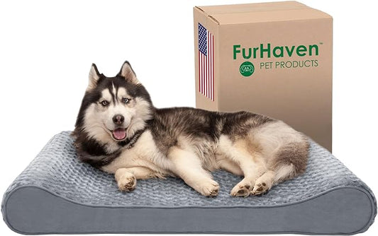 Furhaven Memory Foam Dog Bed for Large Dogs w/ Removable Washable Cover, For Dogs Up to 75 lbs - Ultra Plush Faux Fur & Suede Luxe Lounger Contour Mattress - Gray, Jumbo/XL