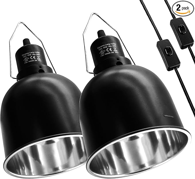 Reptile Light Fixture, 2 Packs 5.5 Inch Deep Dome Lampshade, Reptile Heat Lamp Fixture with Separate Switches Fit for UVB Bulb Basking Heat Bulb for Reptile Glass Terrariums