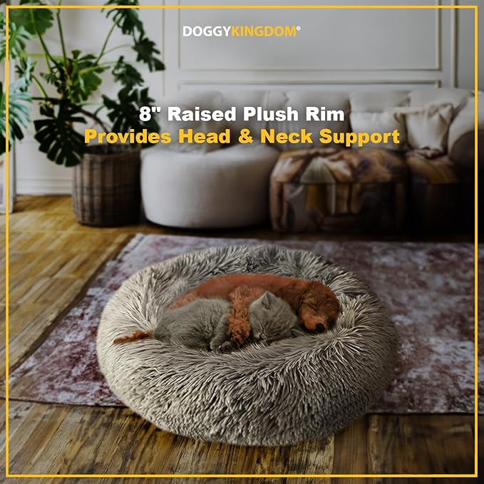 Calming Round Donut Dog Bed Pillow, Washable, Anti Anxiety, Anti-Slip, Cozy Soft Cuddler Comfort Bed with Fluffy Plush Faux Fur for large medium small Sized Dog - Gray, XS 24 inch