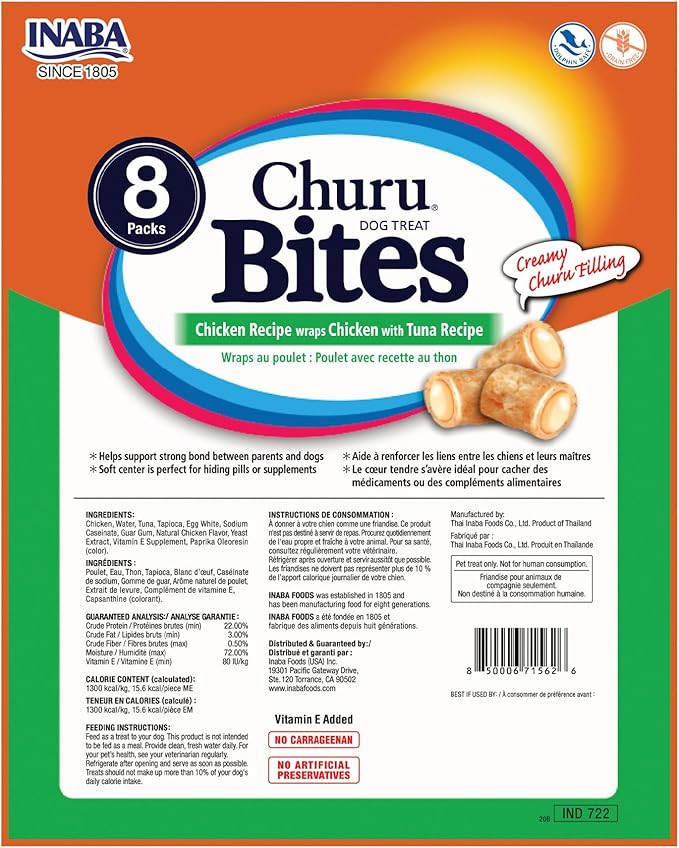 INABA Churu Bites for Dogs, Soft & Chewy Baked Chicken Wrapped Filled Dog Treats with Vitamin E, 0.42 Ounces Each Tube, 64 Tubes (8 per Pack), Chicken with Tuna Recipe