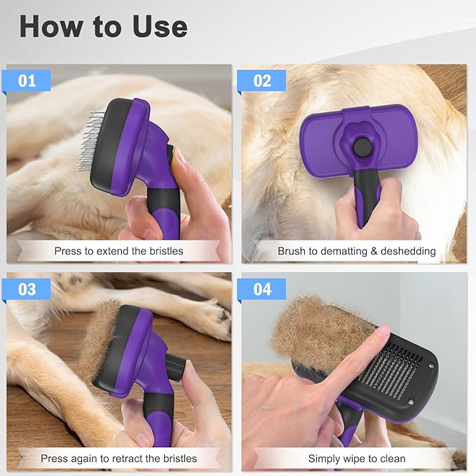 Self Cleaning Shedding Brush for Dogs & Cats, Skin Friendly Cat Brush, Dog Grooming Brush, Dog Brush for Shedding, Deshedding Brush, Puppy Brush Hair Brush for Haired Dogs, Purple