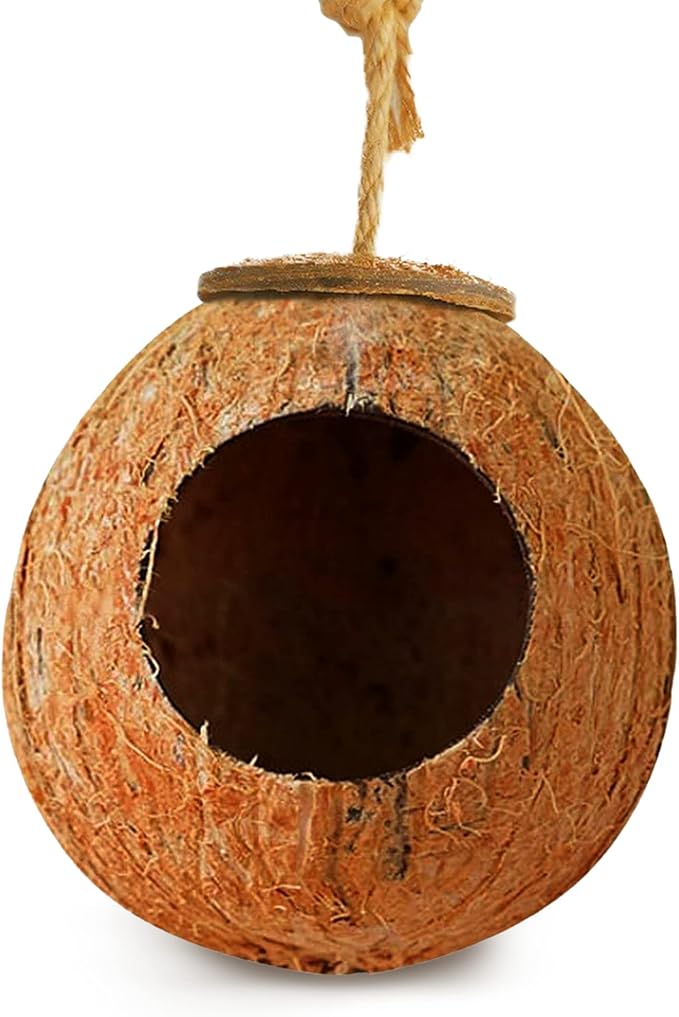 SunGrow Leopard Gecko Coco Hut, Gecko Climbing Accessories, Raw Coconut Shell Reptile Hide, Terrarium Habitat Décor, 2.5” Opening Diameter, with Fiber Loop for Hanging (1-Hole)